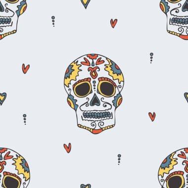 Açık mavi arka planda elle çizilmiş kafatası ile kusursuz vektör deseni. Basit geleneksel cadılar bayramı duvar kağıdı tasarımı. Dekoratif Meksika moda tekstili.
