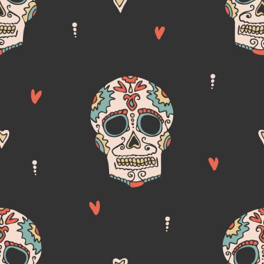 Gri arka planda kafatası başı olan kusursuz vektör deseni. Basit bir cadılar bayramı duvar kağıdı tasarımı. Dekoratif el çizimi Meksika tarzı tekstil.