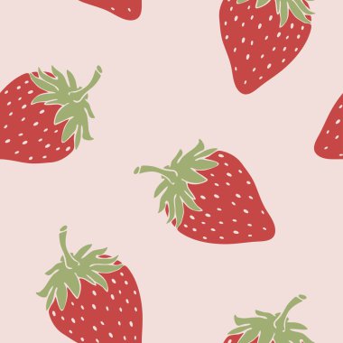 Pembe arka planda şirin çilekler olan kusursuz vektör deseni. Basit bir yaz meyvesi duvar kağıdı tasarımı. Dekoratif pastel çilek moda tekstili.