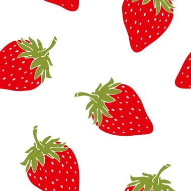 Beyaz arka planda çilek olan kusursuz vektör deseni. Basit bir el çizimi yaz meyvesi duvar kağıdı tasarımı. Dekoratif böğürtlen tekstili.