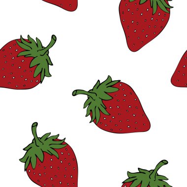 Beyaz arka planda elle çizilmiş çilekli kusursuz vektör deseni. Basit bir yaz meyvesi duvar kağıdı tasarımı. Dekoratif mutfak meyvesi moda tekstili.