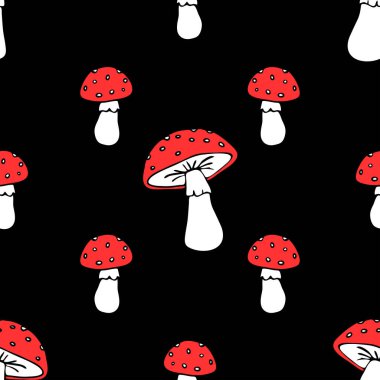 Siyah arka planda mantarlı kusursuz vektör deseni. Basit bir el çizimi mantar duvar kağıdı tasarımı. Dekoratif karikatür moda tekstili.