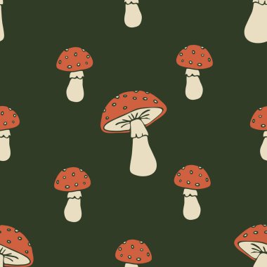 Yeşil arka planda mantarlı kusursuz vektör deseni. Basit el çizimi mantar duvar kağıdı tasarımı. Dekoratif orman moda tekstili.