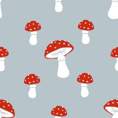 Gri arka planda elle çizilmiş mantar desenli kusursuz vektör deseni. Basit bir mantar mantarı duvar kağıdı tasarımı. Dekoratif sonbahar tekstili.