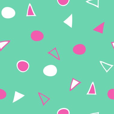 Yeşil arka planda daire ve üçgen şeklinde kusursuz vektör deseni. Basit bir pop geometrik duvar kağıdı tasarımı. Dekoratif mutlu moda tekstili.