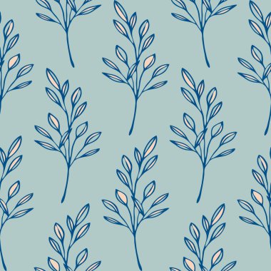 Mavi arka planda ağaç dalları olan kusursuz vektör deseni. Basit doğa dekorasyonu duvar kağıdı tasarımı. Dekoratif orman moda tekstili.