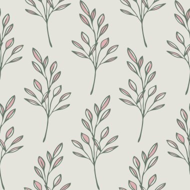 Yeşil arka planda bitki dalı olan kusursuz vektör deseni. Modern doğa yaprağı duvar kağıdı tasarımı. Dekoratif yumuşak dallı tekstil.