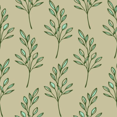 Yeşil arka planda ağaç dalı olan kusursuz vektör deseni. Basit ev dekorasyonu duvar kağıdı tasarımı. Dekoratif kök moda tekstili.