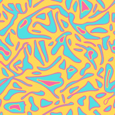 Sarı arka planda havalı pop dokusu olan kusursuz vektör deseni. Basit sıvı akış duvar kağıdı tasarımı. Dekoratif grunge moda tekstili.