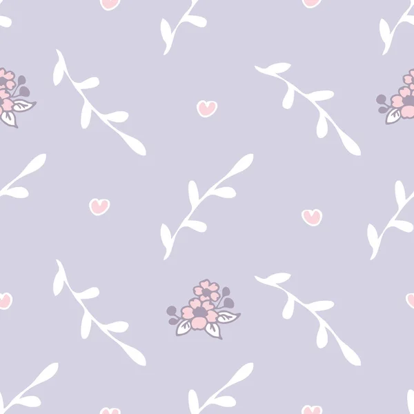 Nahtloses Vektormuster Mit Romantischen Blüten Und Blättern Auf Pastellviolettem Hintergrund — Stockvektor