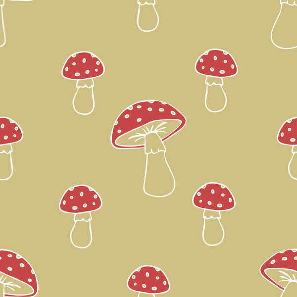 Seamless vector pattern with hand drawn mushrooms on green background. Simple toadstool wallpaper design. Decorative cartoon fashion textile.