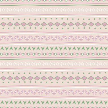 Pastel pembe arka planda geometrik kabile dokusuna sahip kusursuz vektör deseni. Basit, sevimli, dalgalı Aztek duvar kağıdı tasarımı. Dekoratif nakış moda tekstili.