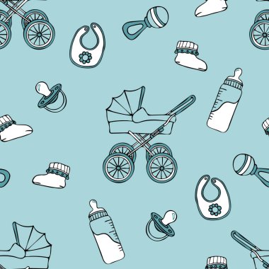 Seamless vector pattern with boy baby shower on blue background. Simple newborn wallpaper design. Decorative happy baby fashion textile.
