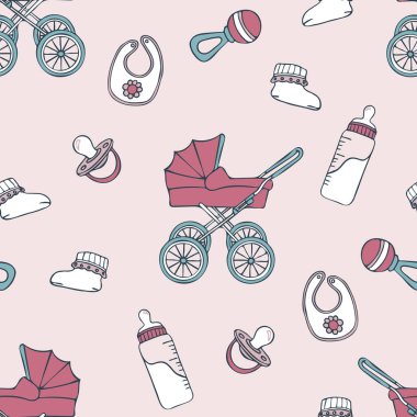 Pembe arka planda yeni doğmuş bebek eğlencesi olan kusursuz bir vektör deseni. Basit bir bebek duşu duvar kağıdı tasarımı. Dekoratif mutlu anne moda tekstili.
