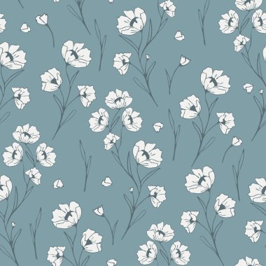 Mavi arka planda romantik çiçekli kusursuz vektör deseni. Basit bir çiçek desenli duvar kağıdı tasarımı. Dekoratif yaz çayır tekstili.