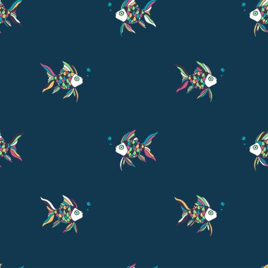 Seamless vector pattern with rainbow fish on blue background. Simple underwater wallpaper design. Decorative lucky fish fashion textile.