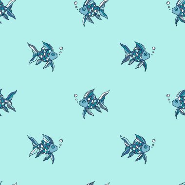 Mavi arka planda karikatür balığı olan kusursuz vektör deseni. Basit bir el çizimi deniz hayatı duvar kağıdı tasarımı. Dekoratif desenli balık tekstili.