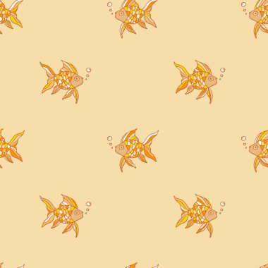Sarı arka planda süs balığı olan kusursuz vektör deseni. Basit bir şans sembolü duvar kağıdı tasarımı. Dekoratif su altı moda tekstili.