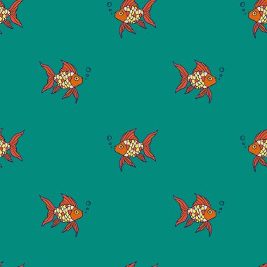 Deniz mavisi yeşil arka planda Japon balığı olan kusursuz vektör deseni. Basit bir el yazısı, su altı duvar kağıdı tasarımı. Dekoratif şans sembolü moda tekstili.