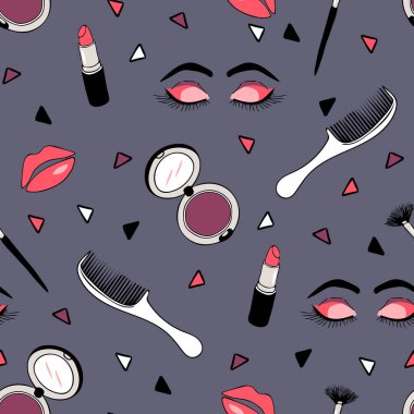 Gri arka planda aksesuarlı kusursuz vektör deseni. Basit bir güzellik endüstrisi duvar kağıdı tasarımı. Dekoratif güçlü kadınlar tekstil modası.