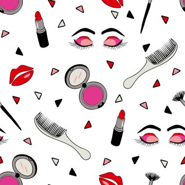 Beyaz arka planda yaşam tarzını oluşturan kusursuz vektör deseni. Basit bir güzellik ürünü duvar kağıdı tasarımı. Dekoratif kozmetik moda tekstili.