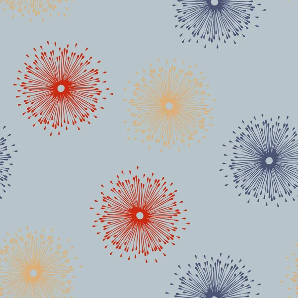 Mavi arka planda çiçek havai fişekleri olan kusursuz vektör deseni. Basit, soyut, çiçekli duvar kağıdı tasarımı. Dekoratif şenlik çiçeği moda tekstili.