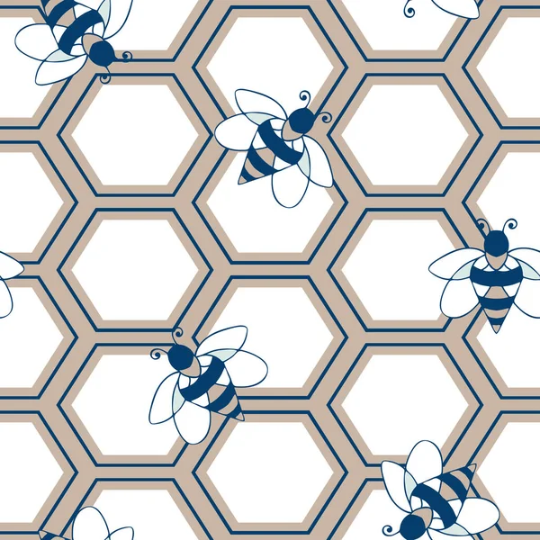 Seamless Vector Pattern Honeycomb Bees Grey Background Simple Bumblebee Wallpaper — Stockový vektor