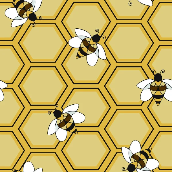Bezproblémový Vektorový Vzor Letními Včelami Voštinami Žlutém Pozadí Jednoduchý Pracovní — Stockový vektor