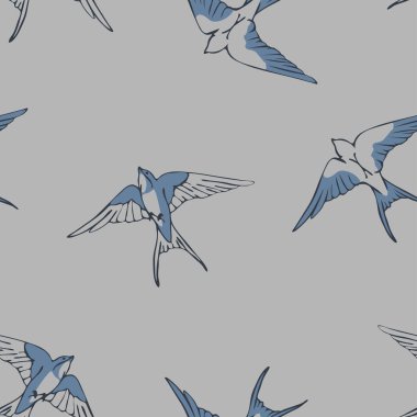 Gri arka planda kuş karalaması olan kusursuz vektör deseni. Basit bir kuş sürüsü duvar kağıdı tasarımı. Dekoratif mavi kuş moda tekstili.