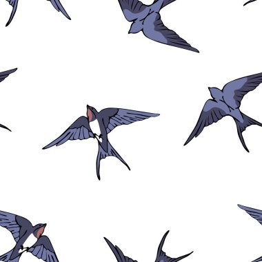 Seamless vector pattern with swallows on white background. Simple flock of birds wallpaper design. Decorative bluebird fashion textile.