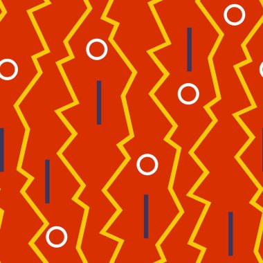 Seamless vector pattern with simple zigzag and circle texture on orange background. Fun retro wallpaper design. Decorative bright pop fashion textile.