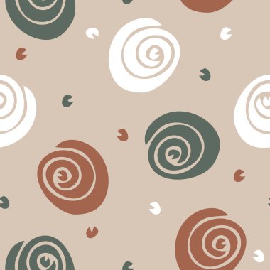 Seamless vector pattern with spiral rose on beige background. Simple soft abstract flower wallpaper design. Decorative floral fashion textile.