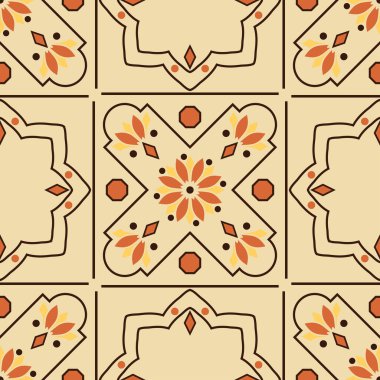 Sarı arka planda klasik mutfak fayansı olan kusursuz vektör deseni. Basit geometrik ev deco duvar kağıdı tasarımı. Dekoratif retro moda tekstili.