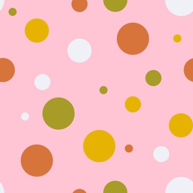 Pembe arka planda eğlenceli noktaları olan kusursuz vektör deseni. Basit geometrik daire duvar kağıdı tasarımı. Dekoratif bebek partisi moda tekstili.