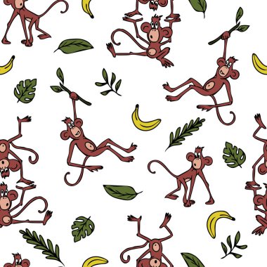 Beyaz arka planda çizgi film maymunları olan kusursuz vektör deseni. Çocuklar için basit bir el yapımı hayvan duvar kağıdı tasarımı. Dekoratif şempanze moda tekstili.