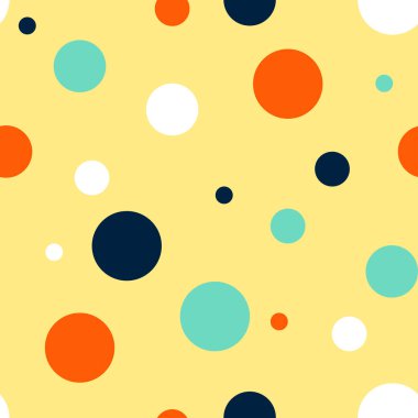 Sarı zemin üzerinde renkli noktalar olan kusursuz vektör deseni. Basit eğlenceli çocuklar duvar kağıdı tasarımı. Dekoratif mutlu polka moda tekstilini noktalıyor.