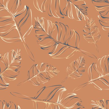 Seamless vector pattern with gentle feather texture on beige background. Simple soft leaf wallpaper design. Decorative brown home decor fashion textile.