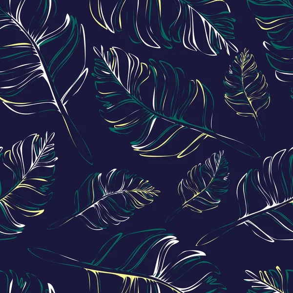 Seamless Vector Pattern Artistic Feather Dark Blue Background Simple Leaf — Stockvektor