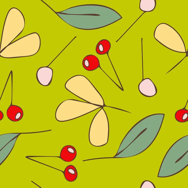 Naadloos Vectorpatroon Met Handgetekende Kersen Felgroene Achtergrond Eenvoudige Zomer Fruit — Stockvector