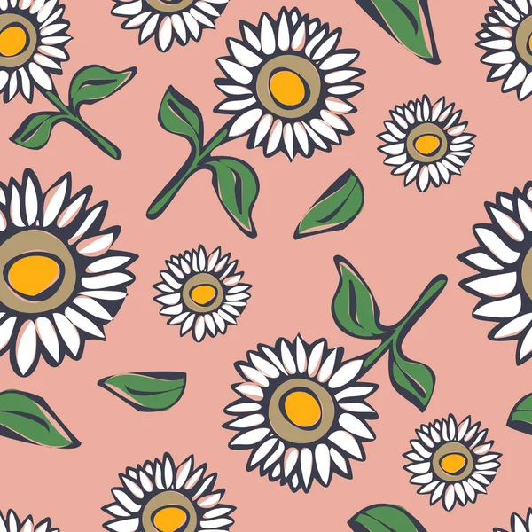 Seamless Vector Pattern Hand Drawn Daisy Pink Background Simple Bohemian — Stockvektor