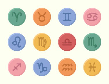 Zodiac işaretleri. Açık arkaplanda çizgi film tarzında renk simgelerinin vektör kümesi
