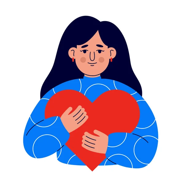 A young girl with love and care embraces a big heart. A girl with long dark hair in a blue sweater holds a red heart in her hands. The concept of self-care and positive for the body. Vector — Stock Vector