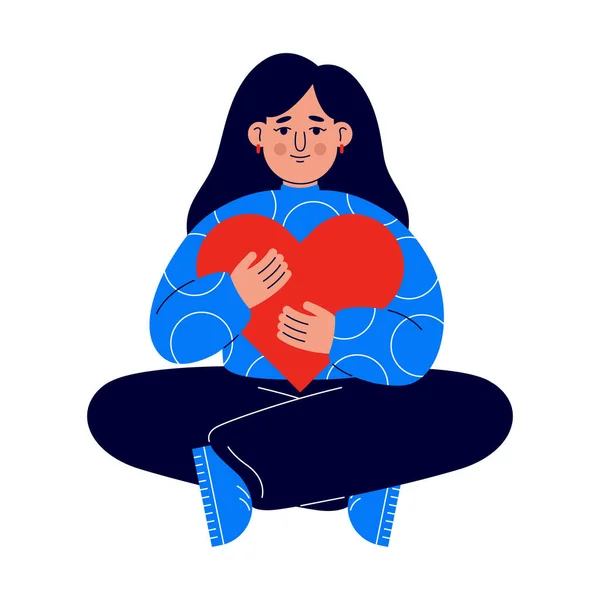 A young girl sits on the floor with love and care embraces a large heart. A girl in a blue sweater holds a red heart in her hands. The concept of self-care and positive for the body. — Stock Vector