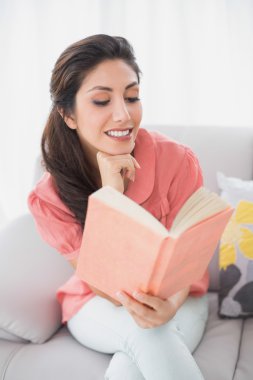kitap okumak onun kanepede oturan neşeli esmer