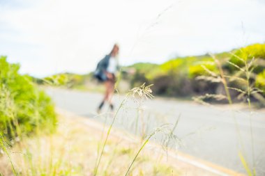 Sarı zemin üzerine yolda otostop ile saman üzerinde odaklanmak