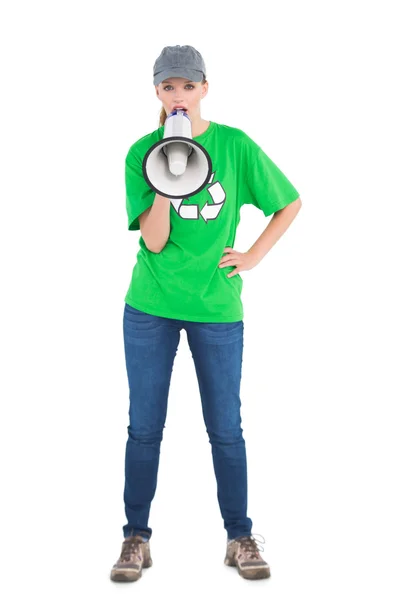 Motivated pretty environmental activist yelling in a megaphone — Stock Photo, Image