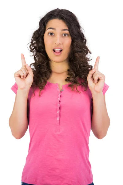 Shocked brown haired woman pointing out — Stock Photo, Image