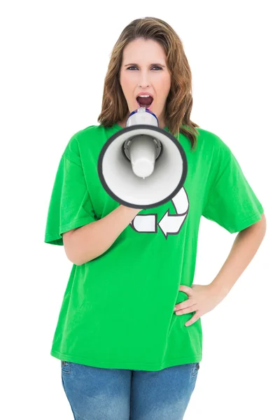 Environmental activist holding and shouting on megaphone — Stock Photo, Image