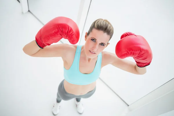 Mujer en forma con guantes de boxeo posando —  Fotos de Stock