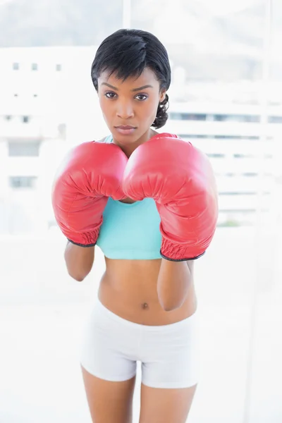 Frowning black haired woman wearing boxing gloves — Stock Photo, Image